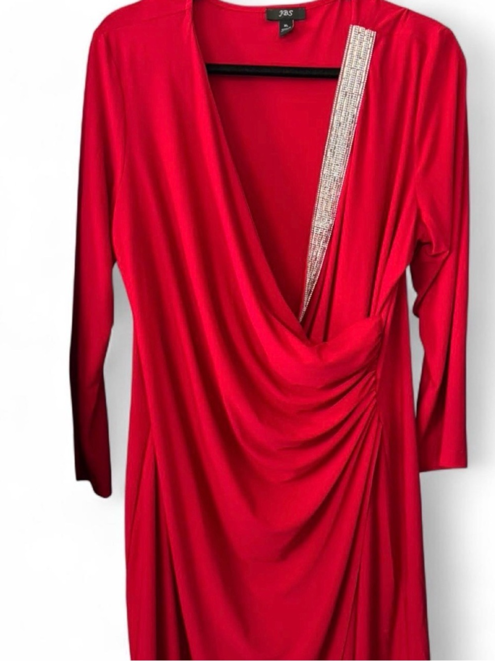 J.B.S. Bright Red Draped V-Neck Dress with Rhinestone Trim